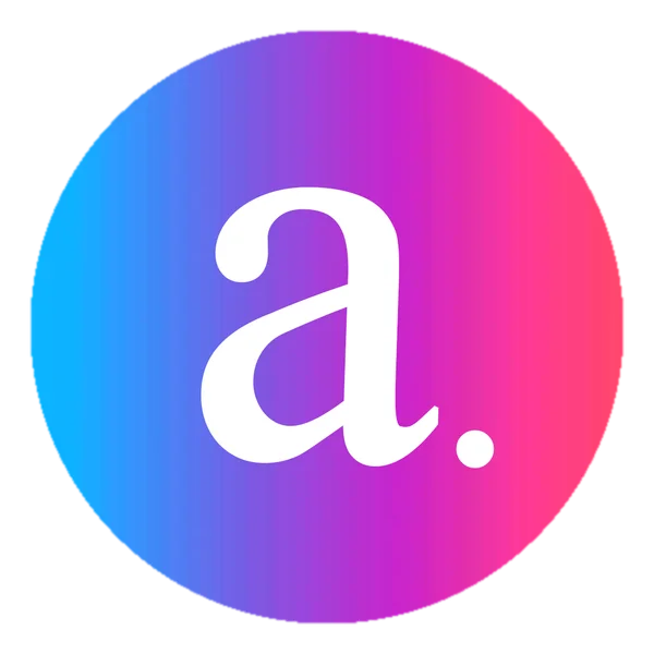 Adora Media logo — white lowercase a. on a blue-to-pink gradient roundel