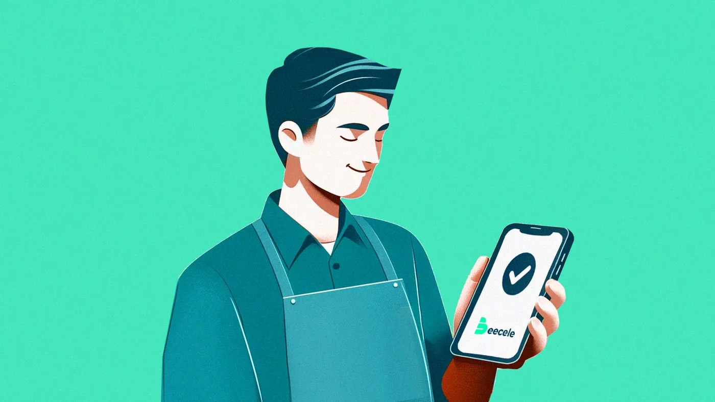 Beecele flat illustration — a server holding a phone showing the app