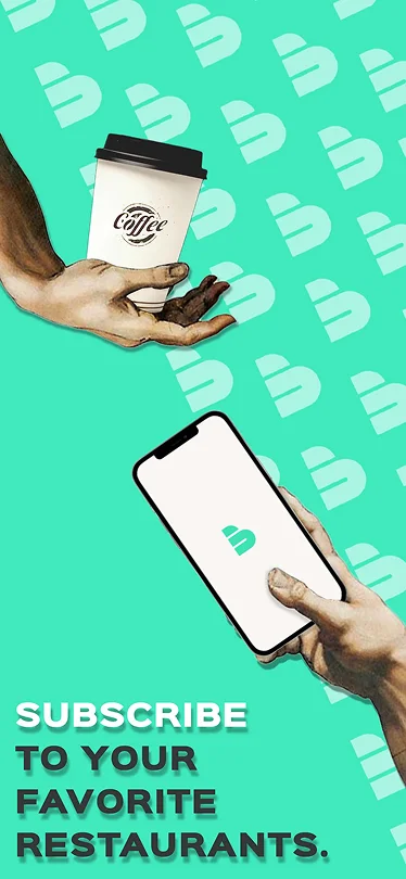 Beecele campaign visual — a hand holding a branded coffee cup beside a phone running the app