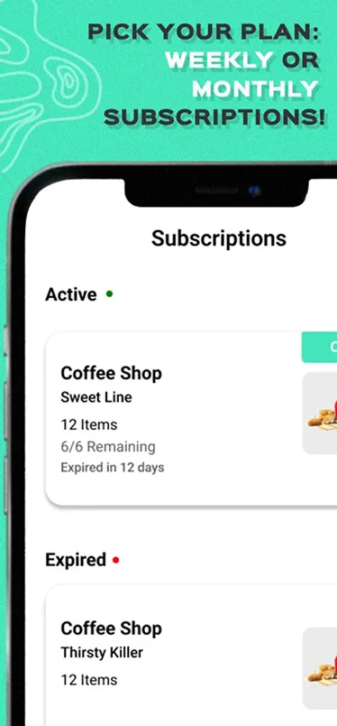 Beecele subscriptions screen listing active and expired restaurant meal plans