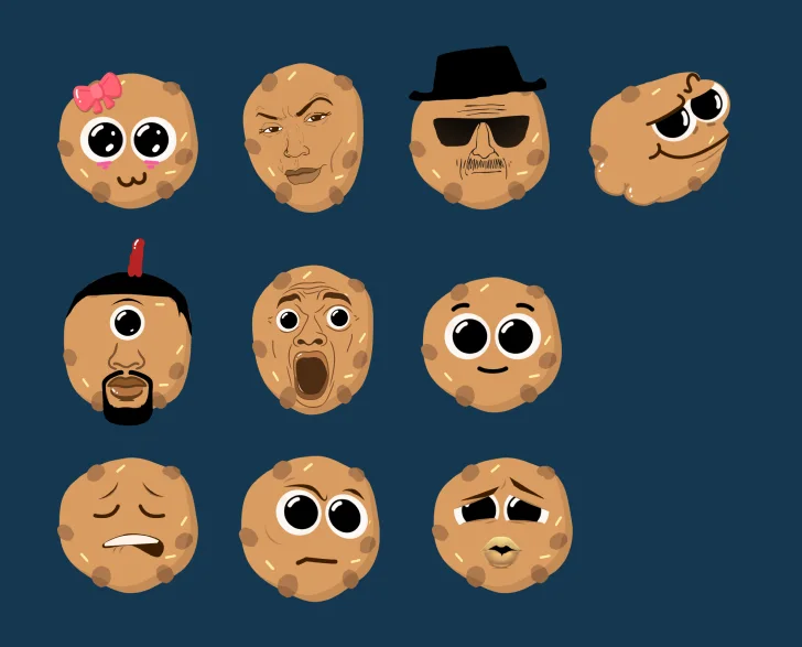 CookyCream character sheet — nine cookie faces with different expressions and accessories