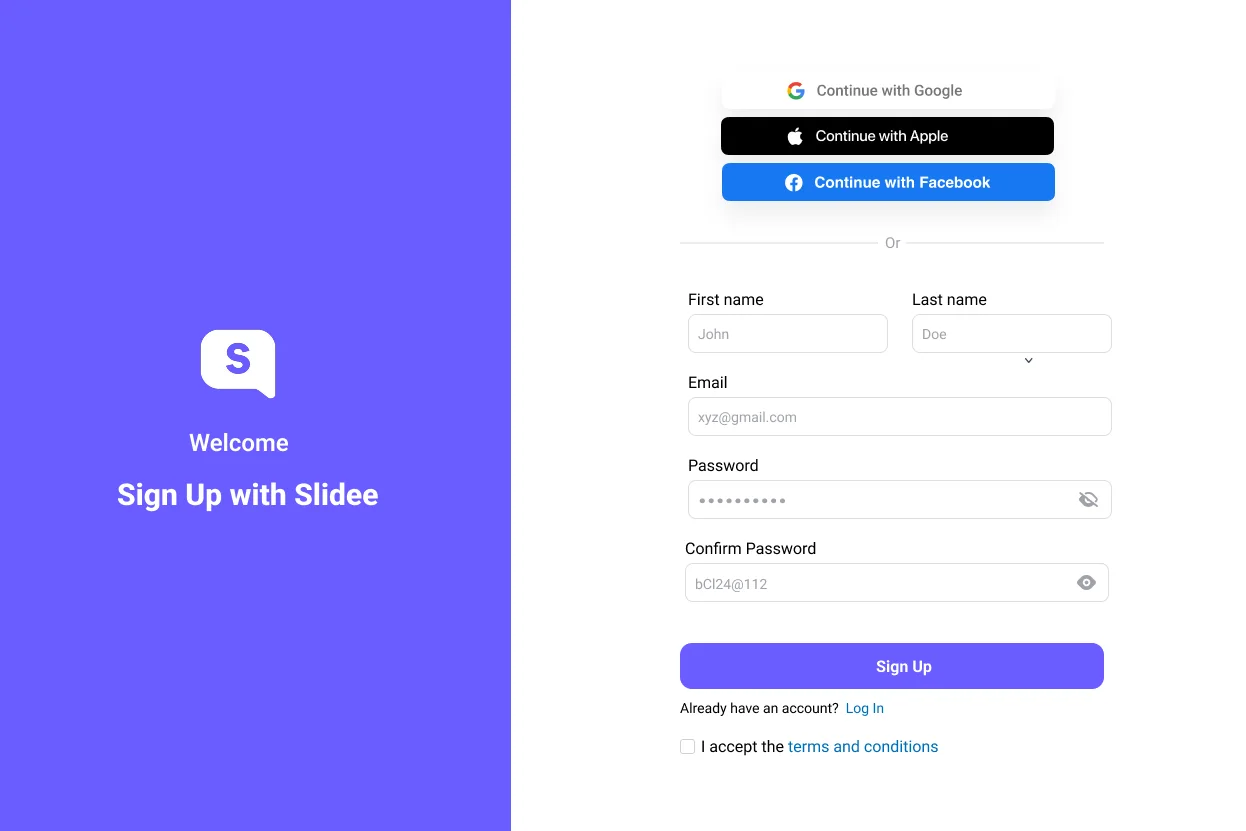 Slidee sign-up screen — the purple welcome panel beside the account form