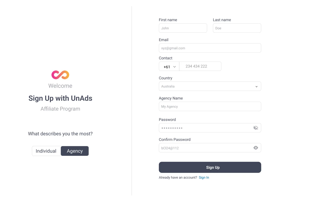 UnAds sign-up screen with the gradient infinity mark, account fields and an agency/individual toggle